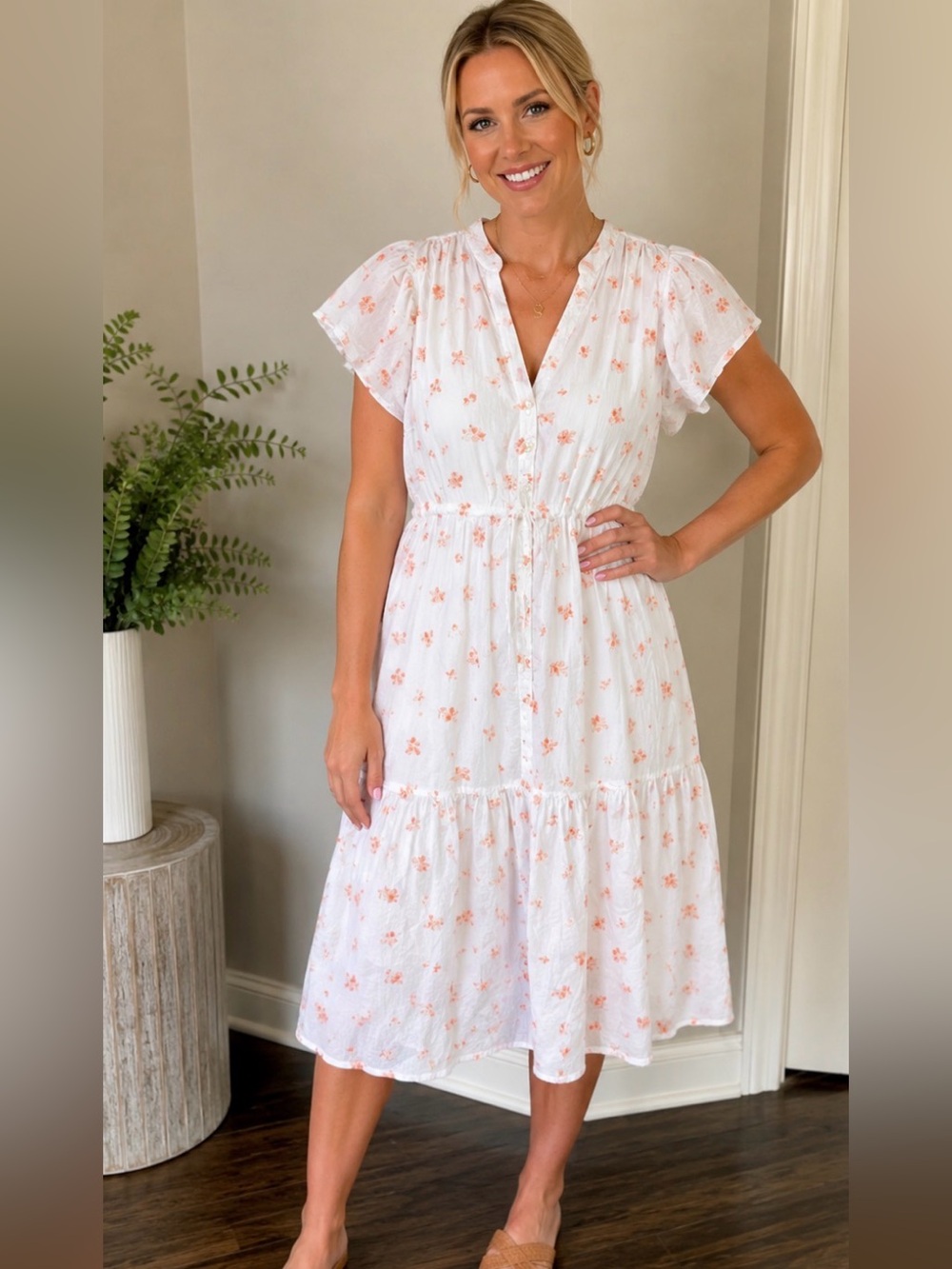 Trovata white dress with coral floral embroidery